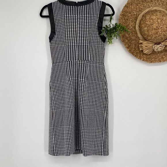 DKNY Faux Leather Wrap Houndstooth Sleeveless Dress‎ Sheath MIDI Black White 2 - Picture 2 of 14